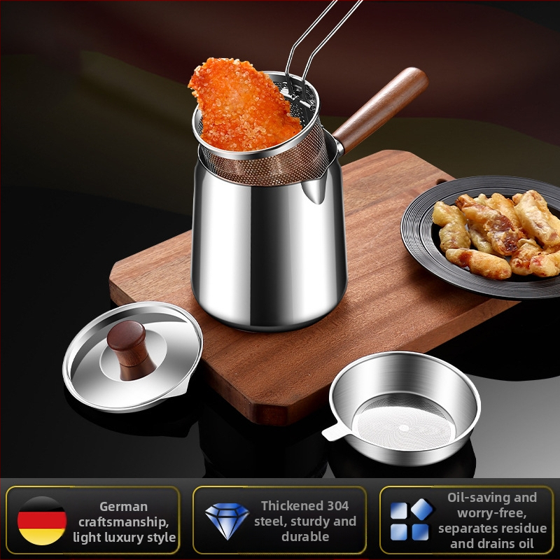 Valriekšto medžio ir 304 nerūdijančio plieno izoliuota kepimo keptuvė su fritūros krepšiu ir 304 plieno dangčiu, išorinis kepimo indas su sudėtingu dugnu, kepimui ir filtravimui, šiuolaikiškas minimalistinis stilius