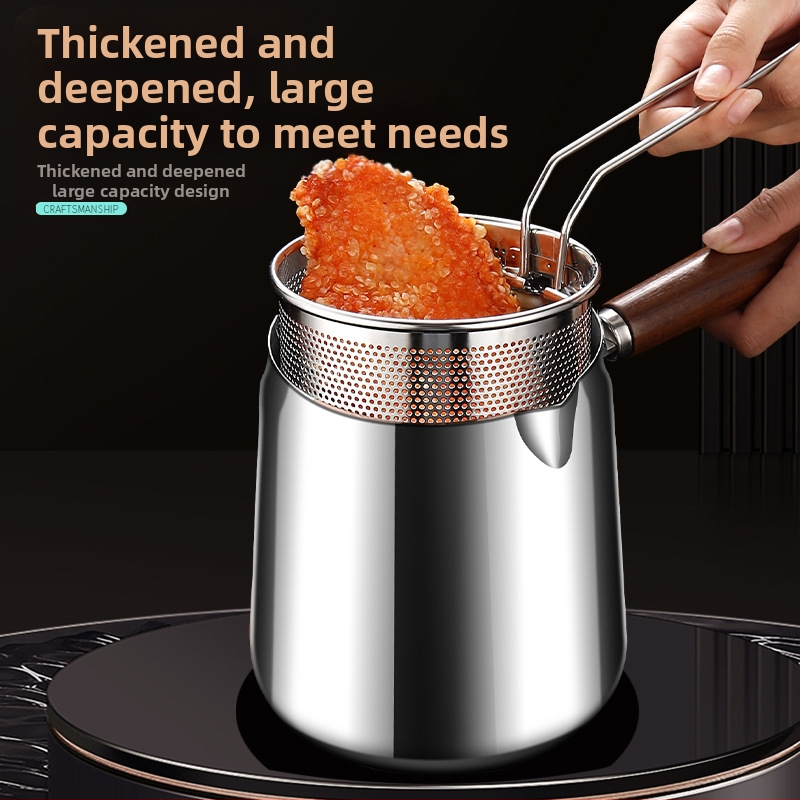 Орехово дърво и 304 неръждаема стомана изолиран съд за пържене със кошница за пържене и капак от 304 стомана, външен фритюрник с комплексно дъно, за пържене и филтриране, модерен минималистичен стил