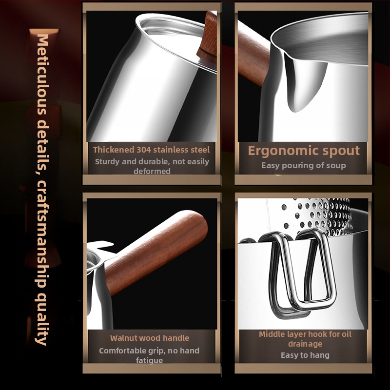 Орехово дърво и 304 неръждаема стомана изолиран съд за пържене със кошница за пържене и капак от 304 стомана, външен фритюрник с комплексно дъно, за пържене и филтриране, модерен минималистичен стил