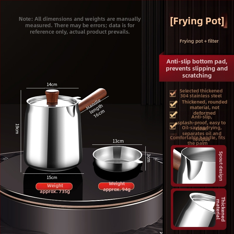 Valriekšto medžio ir 304 nerūdijančio plieno izoliuota kepimo keptuvė su fritūros krepšiu ir 304 plieno dangčiu, išorinis kepimo indas su sudėtingu dugnu, kepimui ir filtravimui, šiuolaikiškas minimalistinis stilius