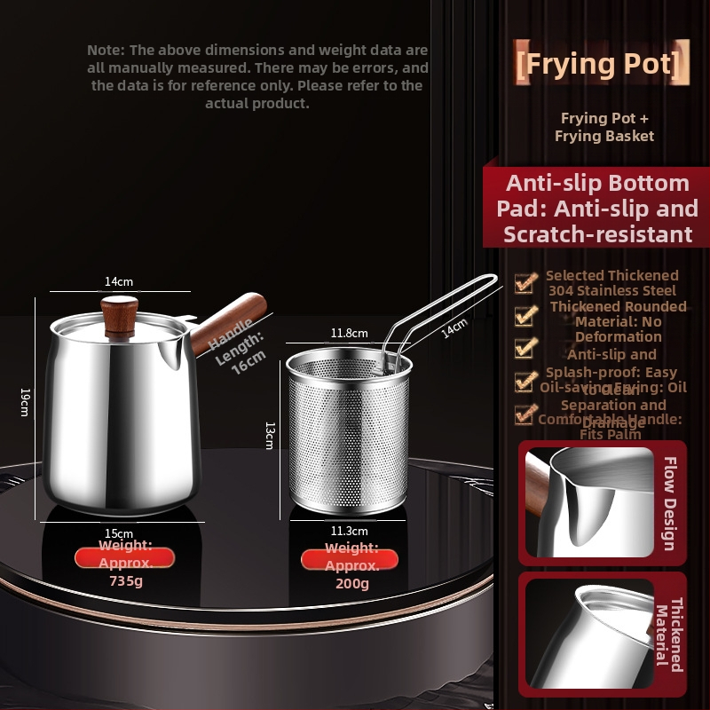 Valriekšto medžio ir 304 nerūdijančio plieno izoliuota kepimo keptuvė su fritūros krepšiu ir 304 plieno dangčiu, išorinis kepimo indas su sudėtingu dugnu, kepimui ir filtravimui, šiuolaikiškas minimalistinis stilius