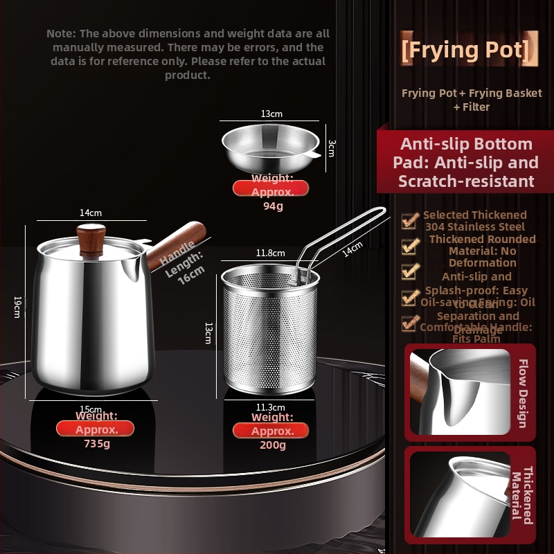 Valriekšto medžio ir 304 nerūdijančio plieno izoliuota kepimo keptuvė su fritūros krepšiu ir 304 plieno dangčiu, išorinis kepimo indas su sudėtingu dugnu, kepimui ir filtravimui, šiuolaikiškas minimalistinis stilius