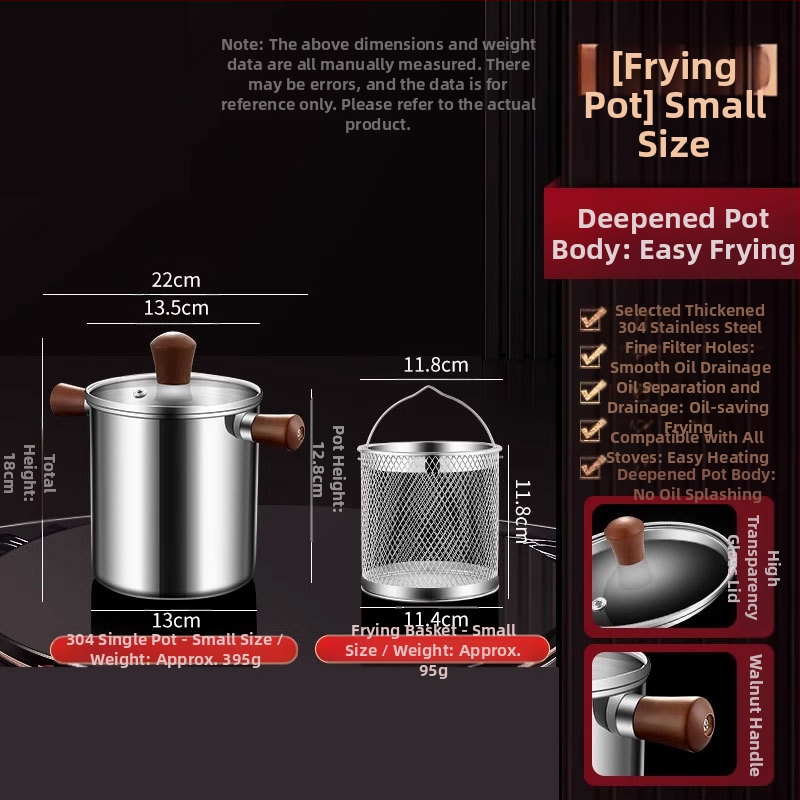 Valriekšto medžio ir 304 nerūdijančio plieno izoliuota kepimo keptuvė su fritūros krepšiu ir 304 plieno dangčiu, išorinis kepimo indas su sudėtingu dugnu, kepimui ir filtravimui, šiuolaikiškas minimalistinis stilius