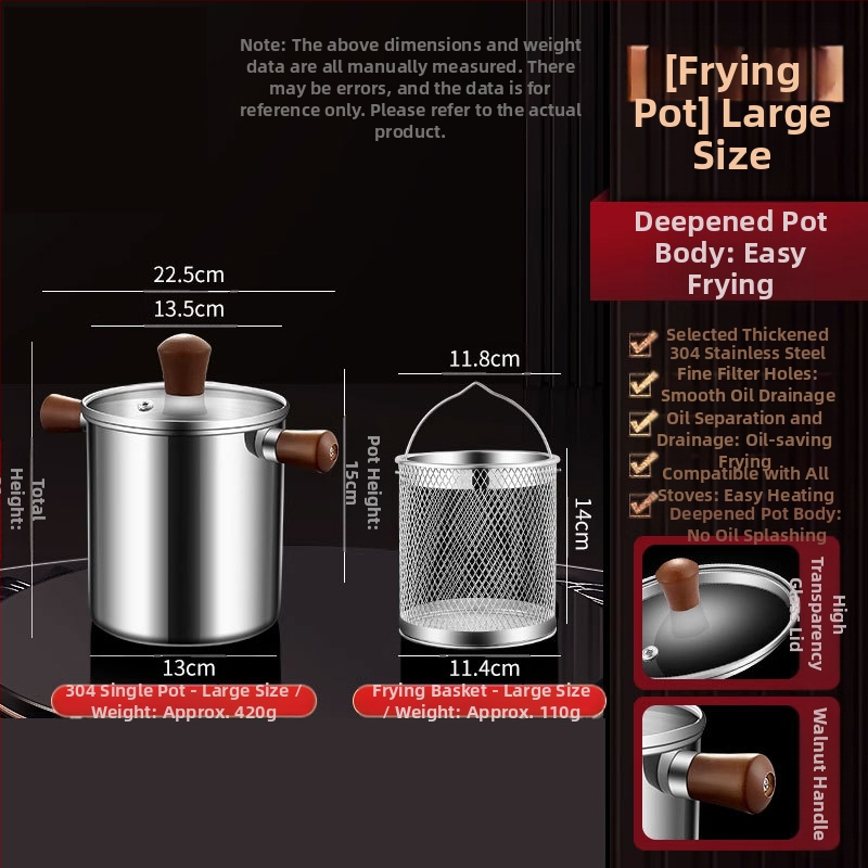 Valriekšto medžio ir 304 nerūdijančio plieno izoliuota kepimo keptuvė su fritūros krepšiu ir 304 plieno dangčiu, išorinis kepimo indas su sudėtingu dugnu, kepimui ir filtravimui, šiuolaikiškas minimalistinis stilius