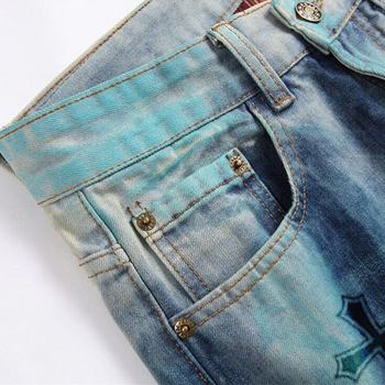 Дънки за мъже - слим фит, уличен панк стил, разкъсани и боядисани детайли, ръчно рисуван печат, средна талия с цип