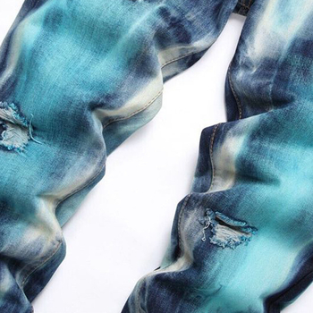 Дънки за мъже - слим фит, уличен панк стил, разкъсани и боядисани детайли, ръчно рисуван печат, средна талия с цип