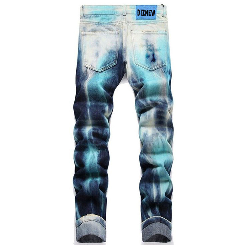 Muške traperice - slim fit, street punk stil, poderane i obojene detalje, ručno crtani print, srednji struk sa zipom