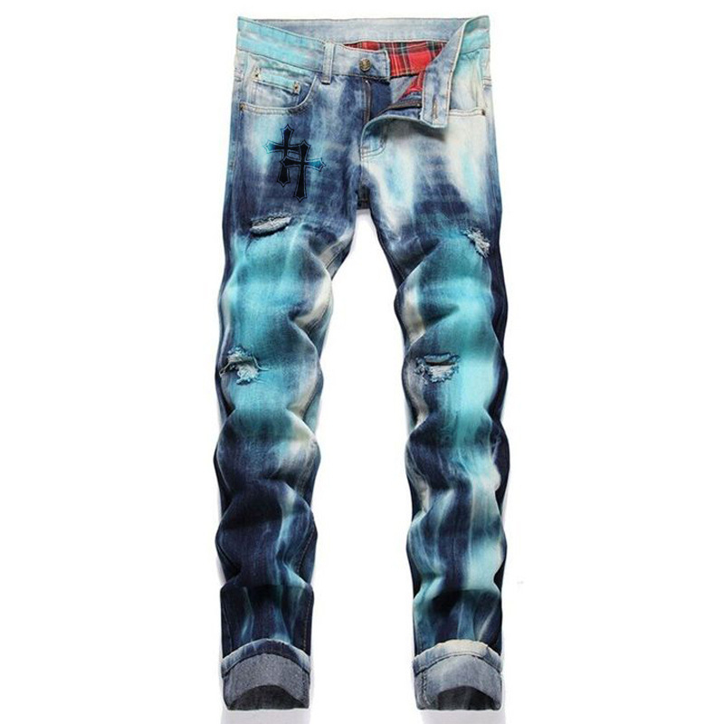 Muške traperice - slim fit, street punk stil, poderane i obojene detalje, ručno crtani print, srednji struk sa zipom