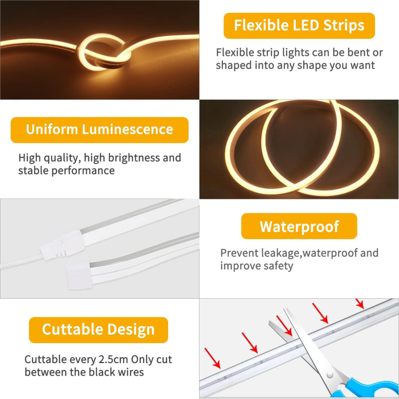 LED neono juosta, LED čip 2835, įvestis 5V, IP65 apsauga, reguliuojamas ryškumas, modelis 2305171