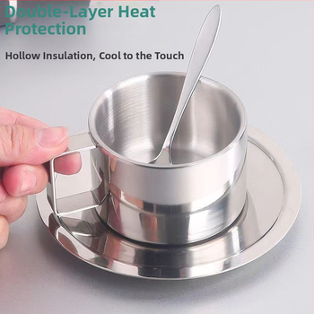 Trys kavos puodelių rinkinys iš 304 nerūdijančio plieno, dvigubos sienos izoliacija, su šaukštų padėklu, biurui ar kavinėms