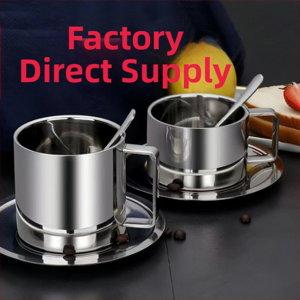 Trys kavos puodelių rinkinys iš 304 nerūdijančio plieno, dvigubos sienos izoliacija, su šaukštų padėklu, biurui ar kavinėms