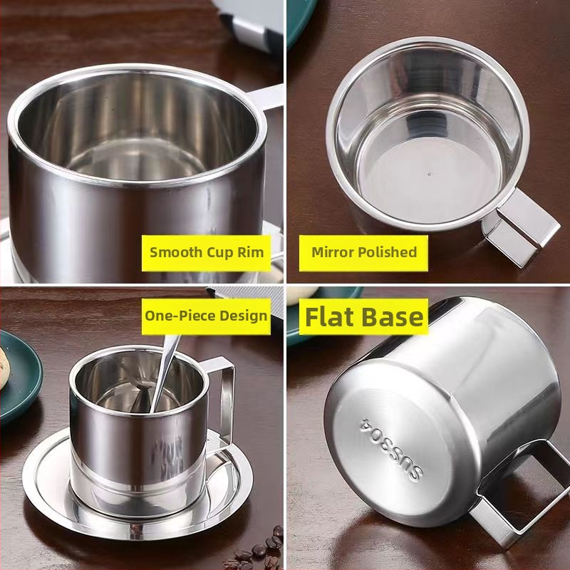 Комплект от три чаши за кафе от 304 неръждаема стомана, двойноизолирани, с поднос за лъжички — за офис или кафене