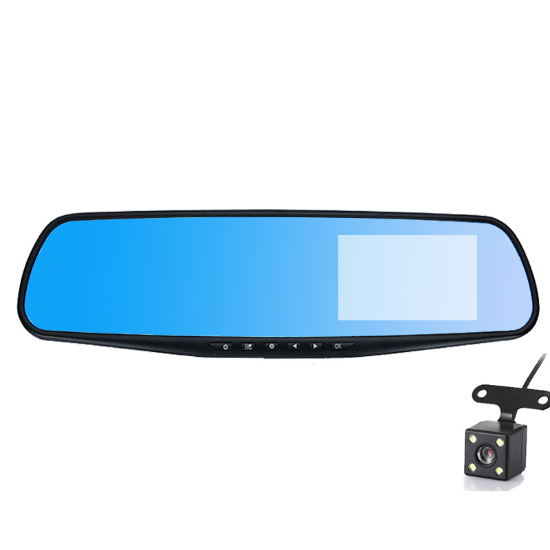 Divlēcīgs auto DVR atpakaļskata spogulim – priekšējais un aizmugurējais ieraksts, 4,3 collu ekrāns, 720p, 90° skata leņķis, TF karte līdz 32 GB, 12V barošana, uzstādāms uz atpakaļskata spoguli