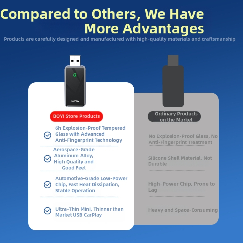 CarPlay belaidis adapteris — USB CarPlay konverteris kabeliniam CarPlay į belaidį CarPlay, modelis BY967B, 5V, 0.5W, 6H grūdintas stiklas + aviacijos klasės aliuminio lydinys