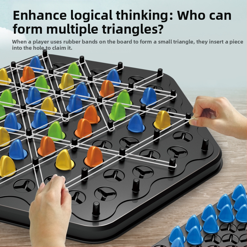 Stolová Puzzle Reťaz Šach – Viac hráčov interaktívna hra s gumovým pásom v trojuholníku; plastová konštrukcia; podporuje interakciu rodičov a detí a logické myslenie; vhodné pre vek 4–60 rokov.