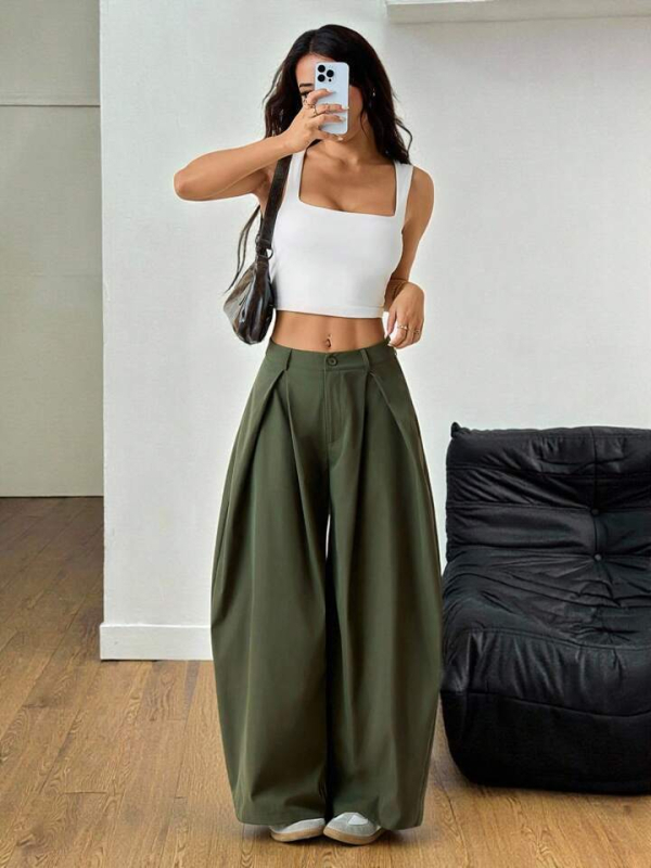 Pantaloni stil scimitar, croi larg, până la podea, talie înaltă, material poliester-elastan