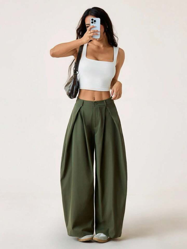 Pantaloni stil scimitar, croi larg, până la podea, talie înaltă, material poliester-elastan