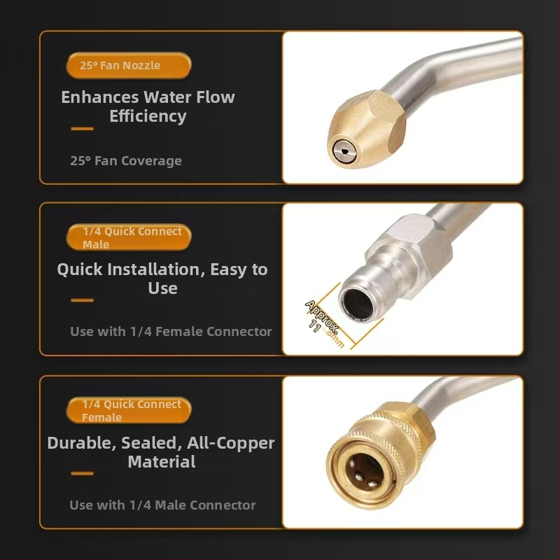 Удължител за водоструйна пушка за автомобили със сгъваем ъгъл — 1/4 бърз монтаж, неръждаема стомана и мед, дюза 11 мм, съвместим с високонапорен шланг, 150 g