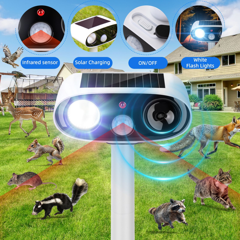 Ultrazvučni repelent za životinje sa solarnim napajanjem – vodootporan vanjski uređaj, ABS kućište, 5V, modeli 818/818B/610/603