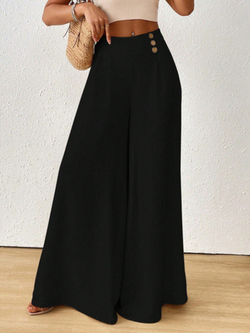 Дамски панталони с висока талия и широки крачоли – елегантен стил (полиестер, 95%+ полиестер, микроеластичност)