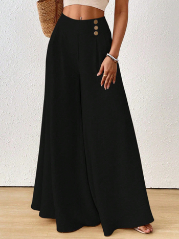 Дамски панталони с висока талия и широки крачоли – елегантен стил (полиестер, 95%+ полиестер, микроеластичност)