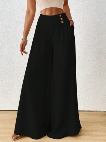 Дамски панталони с висока талия и широки крачоли – елегантен стил (полиестер, 95%+ полиестер, микроеластичност)