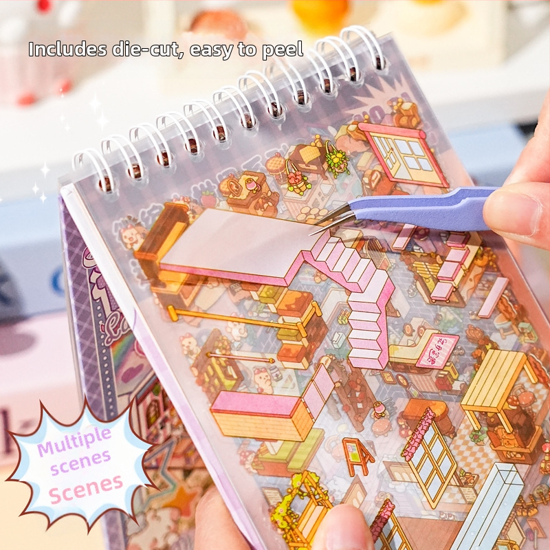 DIY стикер книжка за миниатюрни пейзажи със 3D подреждащи се сцени - карикатурен стил, Paper PET, печат, марка Xihe Culture