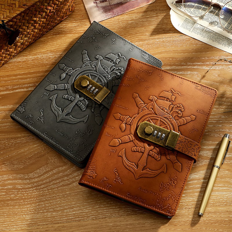 Carnet de notițe cu lacăt, design european retro 3D relief, legare prin sârmă, copertă din piele artificială, 80 de pagini, hârtie Daolin 100 g
