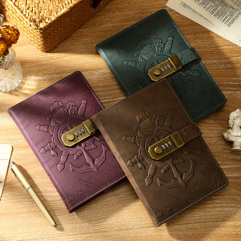 Carnet de notițe cu lacăt, design european retro 3D relief, legare prin sârmă, copertă din piele artificială, 80 de pagini, hârtie Daolin 100 g