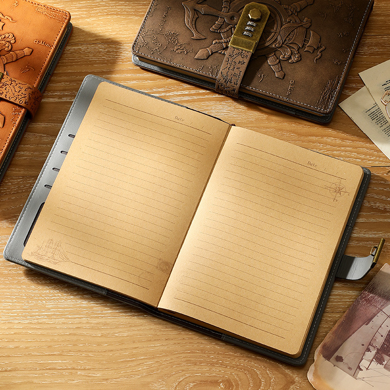 Carnet de notițe cu lacăt, design european retro 3D relief, legare prin sârmă, copertă din piele artificială, 80 de pagini, hârtie Daolin 100 g