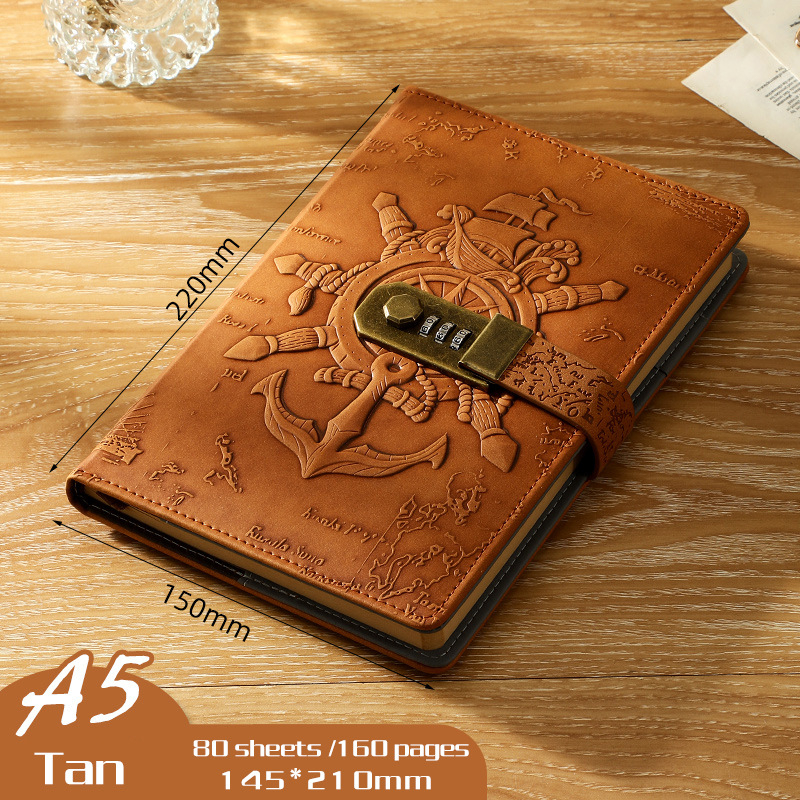Carnet de notițe cu lacăt, design european retro 3D relief, legare prin sârmă, copertă din piele artificială, 80 de pagini, hârtie Daolin 100 g