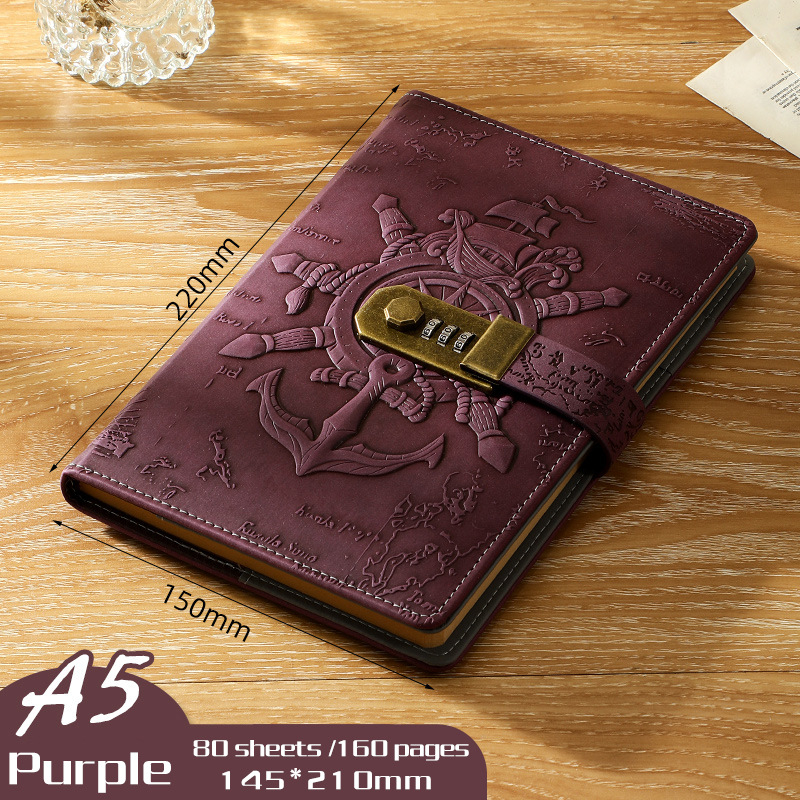 Carnet de notițe cu lacăt, design european retro 3D relief, legare prin sârmă, copertă din piele artificială, 80 de pagini, hârtie Daolin 100 g