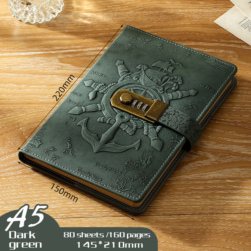 Carnet de notițe cu lacăt, design european retro 3D relief, legare prin sârmă, copertă din piele artificială, 80 de pagini, hârtie Daolin 100 g