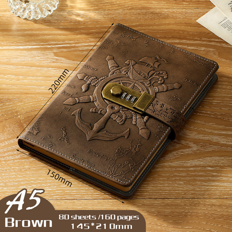 Carnet de notițe cu lacăt, design european retro 3D relief, legare prin sârmă, copertă din piele artificială, 80 de pagini, hârtie Daolin 100 g