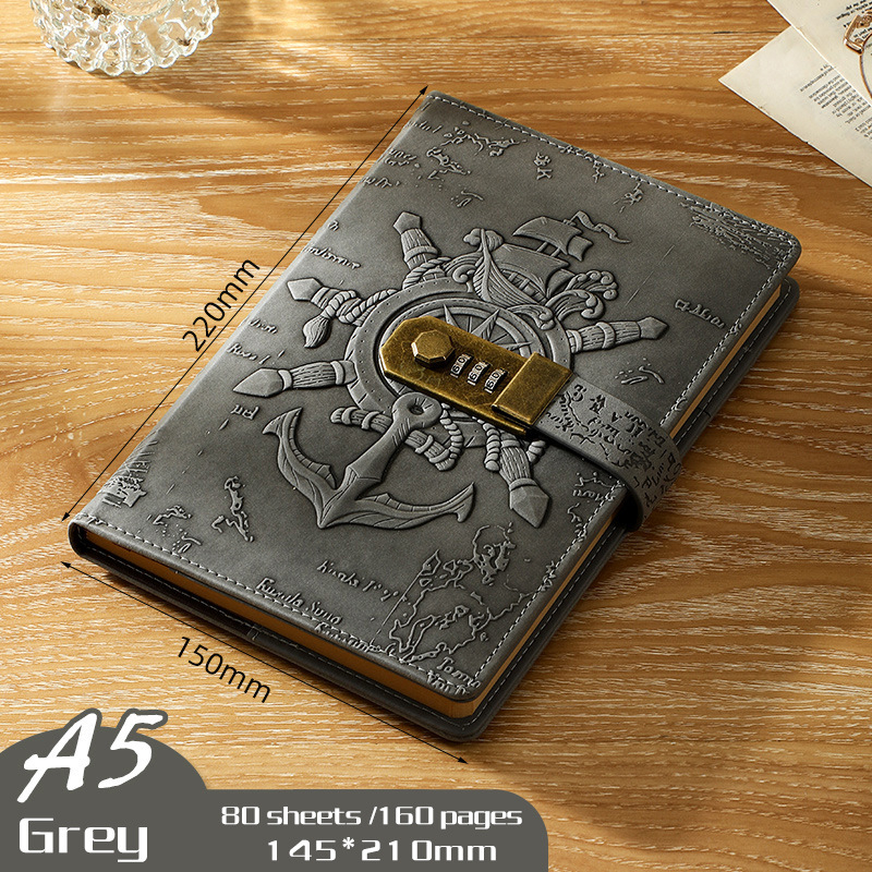 Carnet de notițe cu lacăt, design european retro 3D relief, legare prin sârmă, copertă din piele artificială, 80 de pagini, hârtie Daolin 100 g