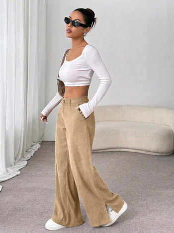 Дамски Corduroy панталони, висока талия, широки крачоли, ежедневни (Corduroy; висока талия; широки крачоли; пролет 2025)
