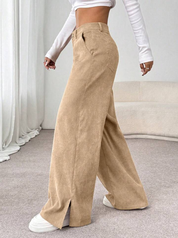 Pantaloni femei Corduroy cu talie înaltă, croială largă, casual (Corduroy; talie înaltă; croială largă; primăvară 2025)
