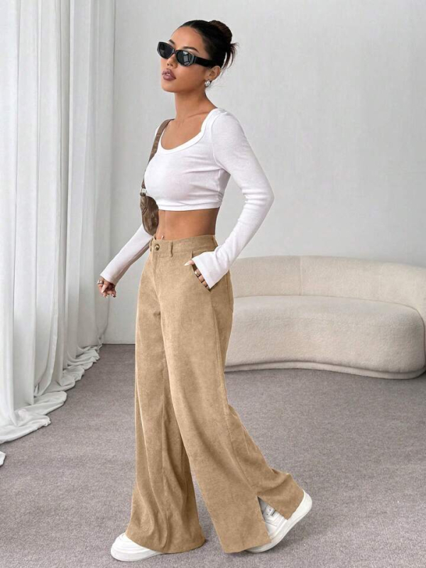 Pantaloni femei Corduroy cu talie înaltă, croială largă, casual (Corduroy; talie înaltă; croială largă; primăvară 2025)