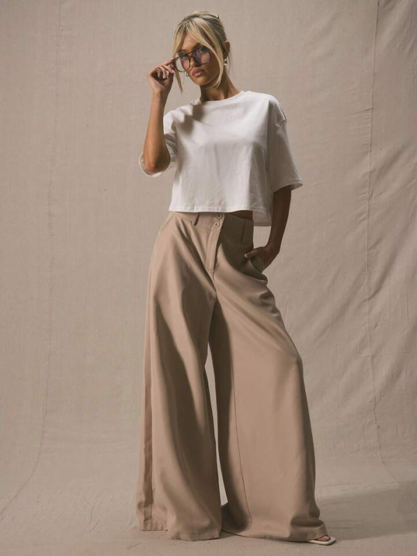 Pantaloni largi pentru femei, talie înaltă, croială dreaptă, poliester, microelasticitate