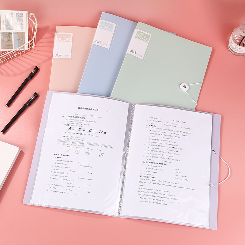 PP прозрачен файл-папка с закопчалка за документи и учебни материали, с вмъкващи страници, класификация и съхранение; печатано лого; дебелина 80C; страници 30/60/80/100; IP авторизация: Няма.