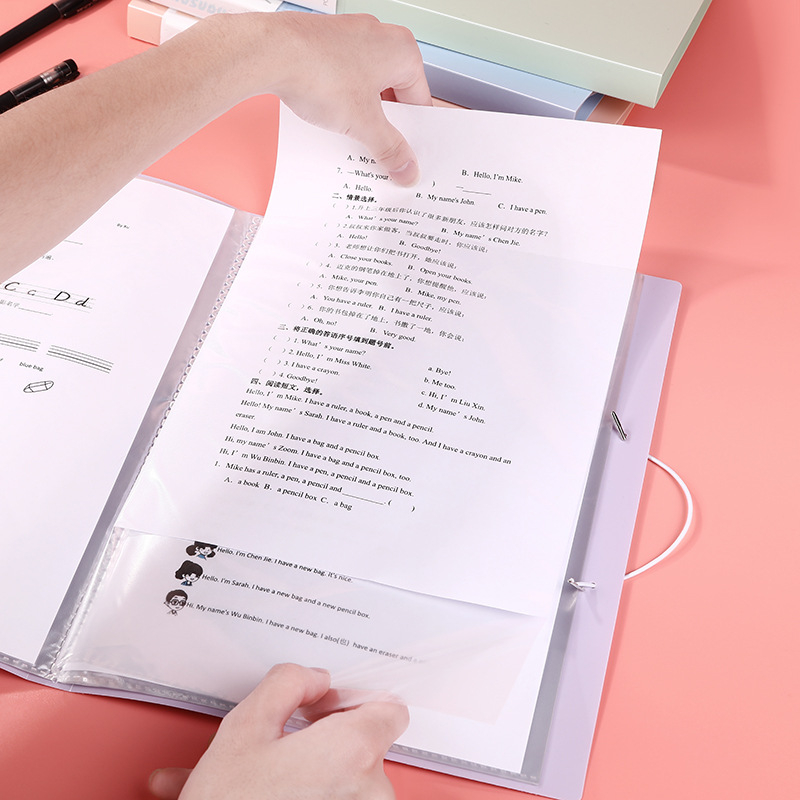 PP прозрачен файл-папка с закопчалка за документи и учебни материали, с вмъкващи страници, класификация и съхранение; печатано лого; дебелина 80C; страници 30/60/80/100; IP авторизация: Няма.