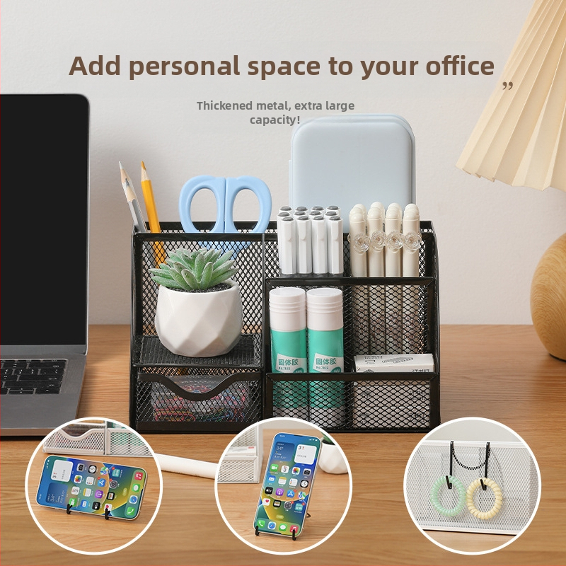 Sedempriehradový kovový stojan na pero so sieťovým drôtovým dizajnom pre stolný organizér, možnosť personalizácie