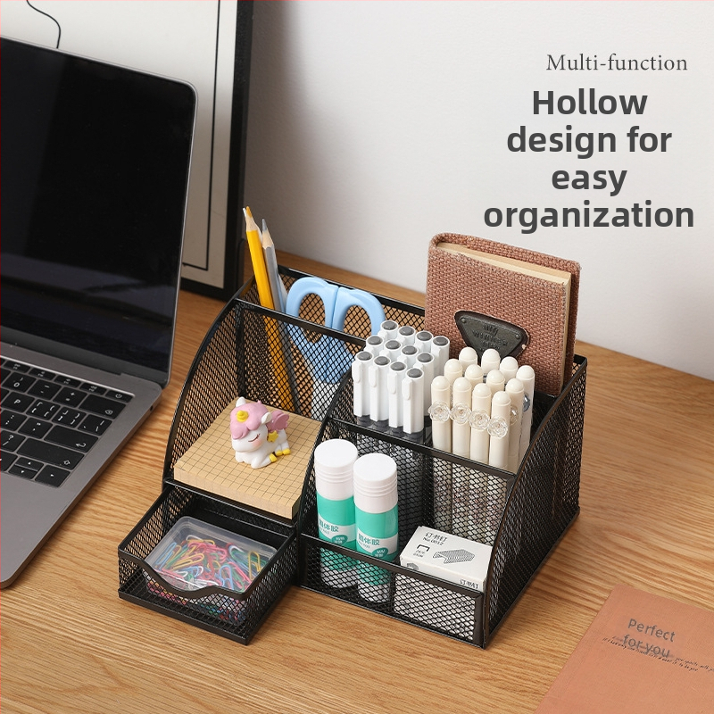 Sedempriehradový kovový stojan na pero so sieťovým drôtovým dizajnom pre stolný organizér, možnosť personalizácie
