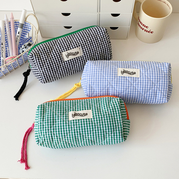 Korejos stiliaus pieštukų dėklas su kontrastiniu languotu raštu, didelė talpa, medžiaga: poliesteris + medvilnė