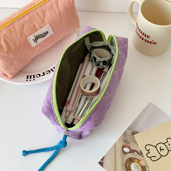 Korejos stiliaus pieštukų dėklas su kontrastiniu languotu raštu, didelė talpa, medžiaga: poliesteris + medvilnė