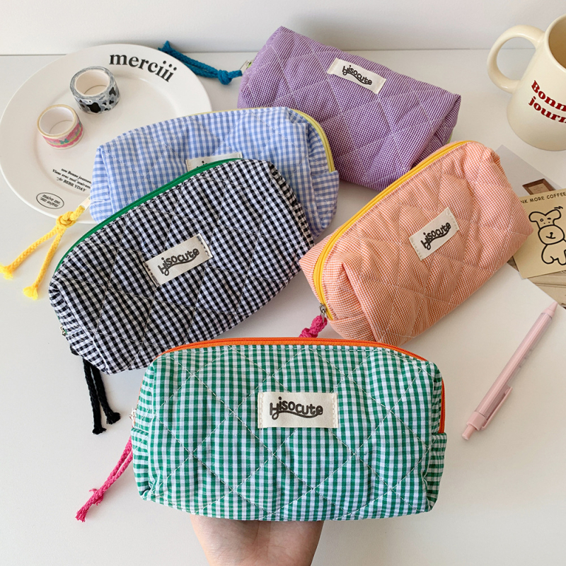 Korejos stiliaus pieštukų dėklas su kontrastiniu languotu raštu, didelė talpa, medžiaga: poliesteris + medvilnė