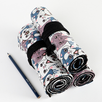 Audinių pieštukų ritinėlis su spauda Big Head Cat, 12/24/36/48/72 skylės, kvadratinio stiliaus audinys