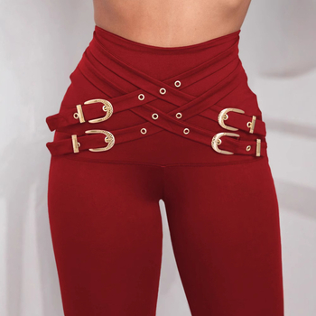 Γυναικείες παντελόνες με υψηλή μέση και στενό κόψιμο, μεταλλική διακόσμηση ζώνης στη μέση, ελαστικό ύφασμα από βαμβάκι-πολυεστέρα