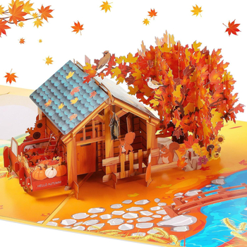 Персонализирана 3D поп-ъп поздравителна картичка – есенна серия, пасторален стил, хартия, 53 г, четирицветен печат и ръчно гравиране