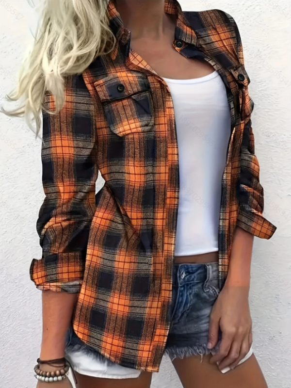 Moteriškas švarkas su apykakle, ilgomis rankovėmis, vidutinio ilgio, poliesteris, kockinis raštas, vienos eilutės sagų užsegimas